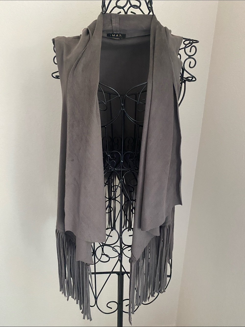 IMAN Slate Gray Fringe Draped Vest